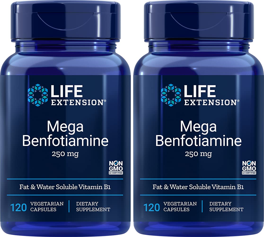 Life Extension Mega Benfotiamine bottle pour for daily metabolic support.