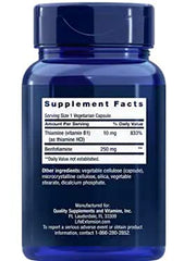 Life Extension Mega Benfotiamine capsules closeup highlighting vegetarian capsules for convenient daily use.
