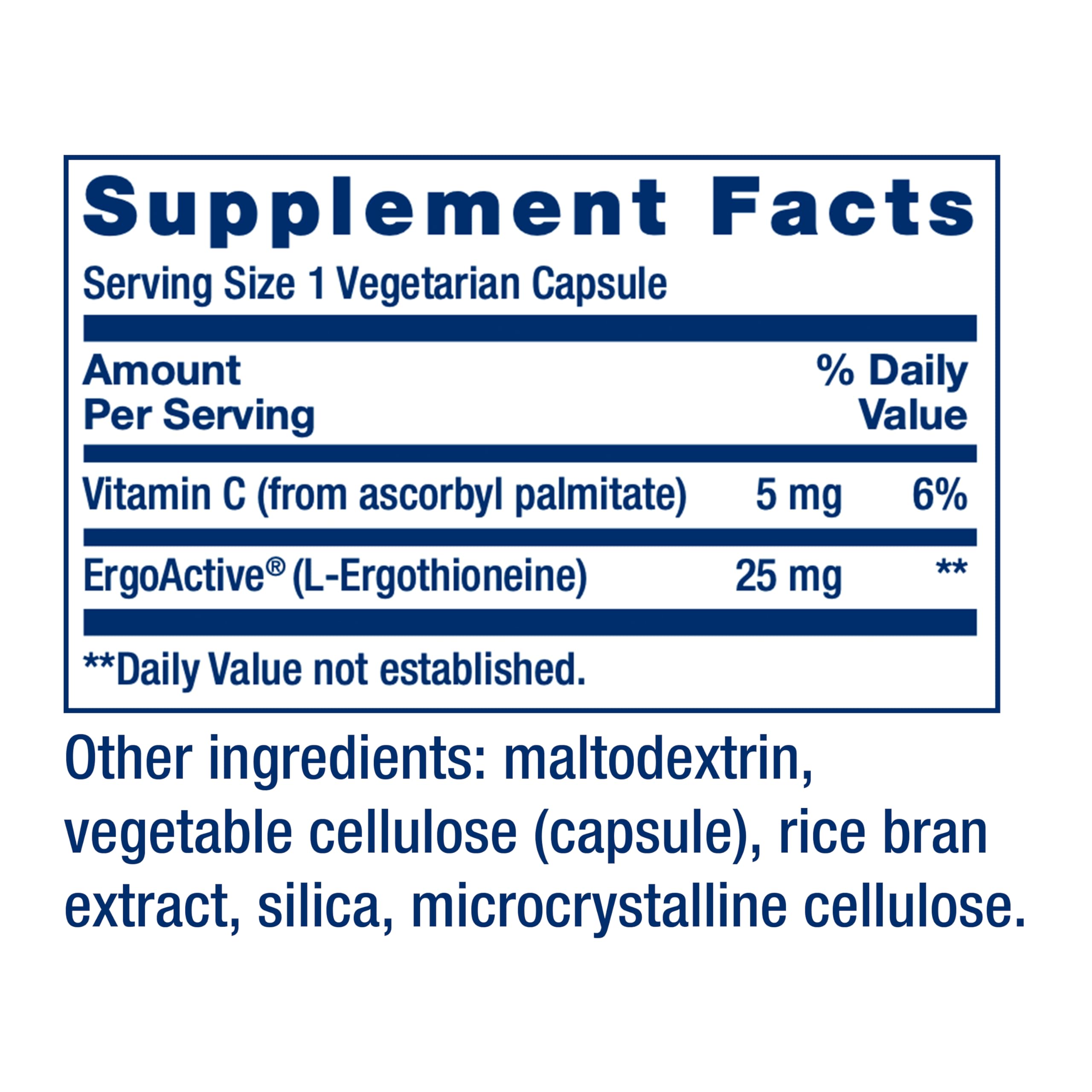Life Extension Mega L-Ergothioneine label with gluten-free and non-GMO notes
