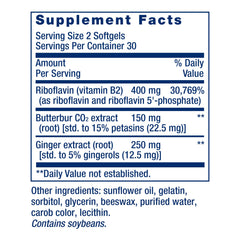 Migra-Eeze label highlights butterbur extract and added ginger for potential relief.