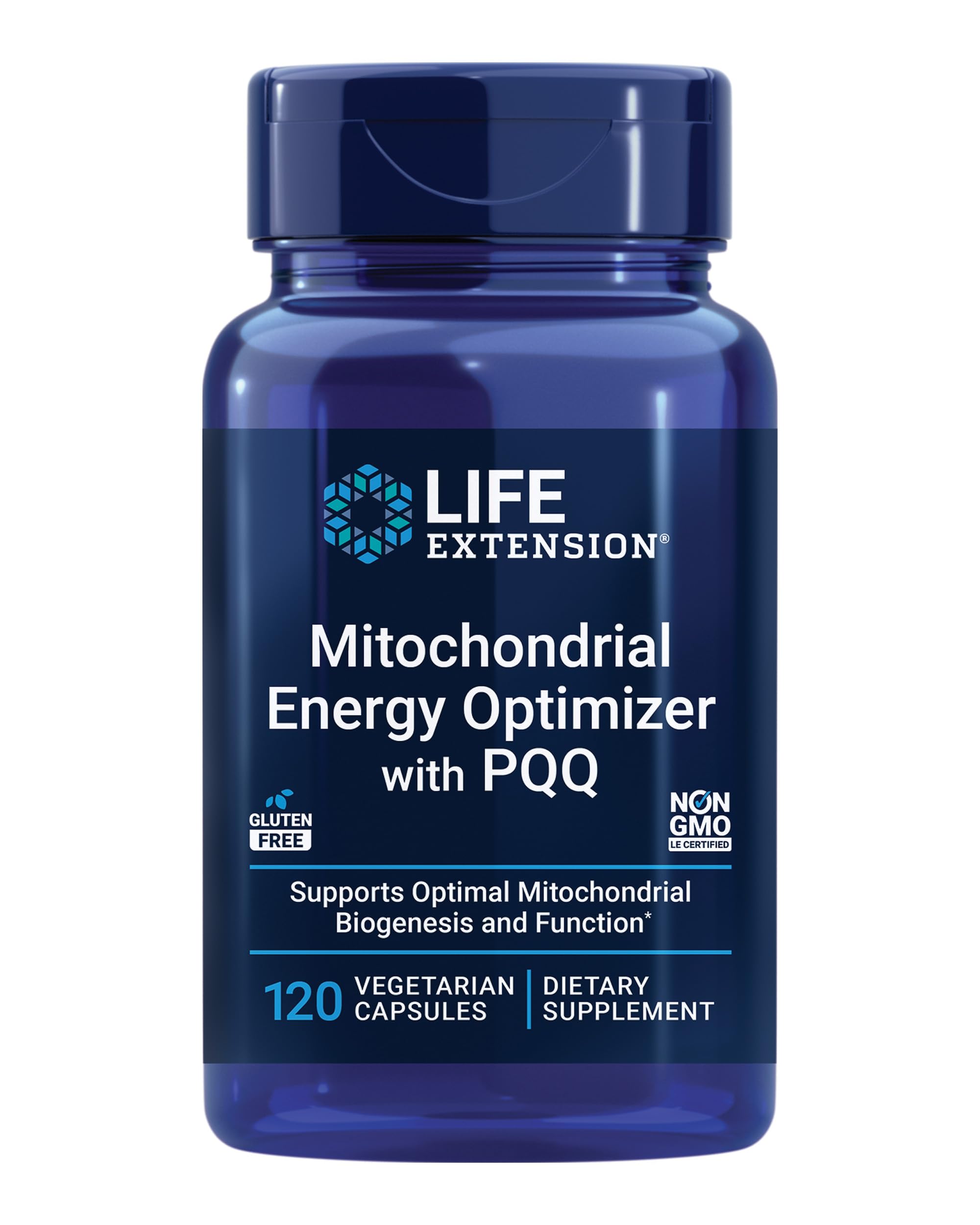 Life Extension Mitochondrial Energy Optimizer bottle with PQQ supports cellular energy potential.