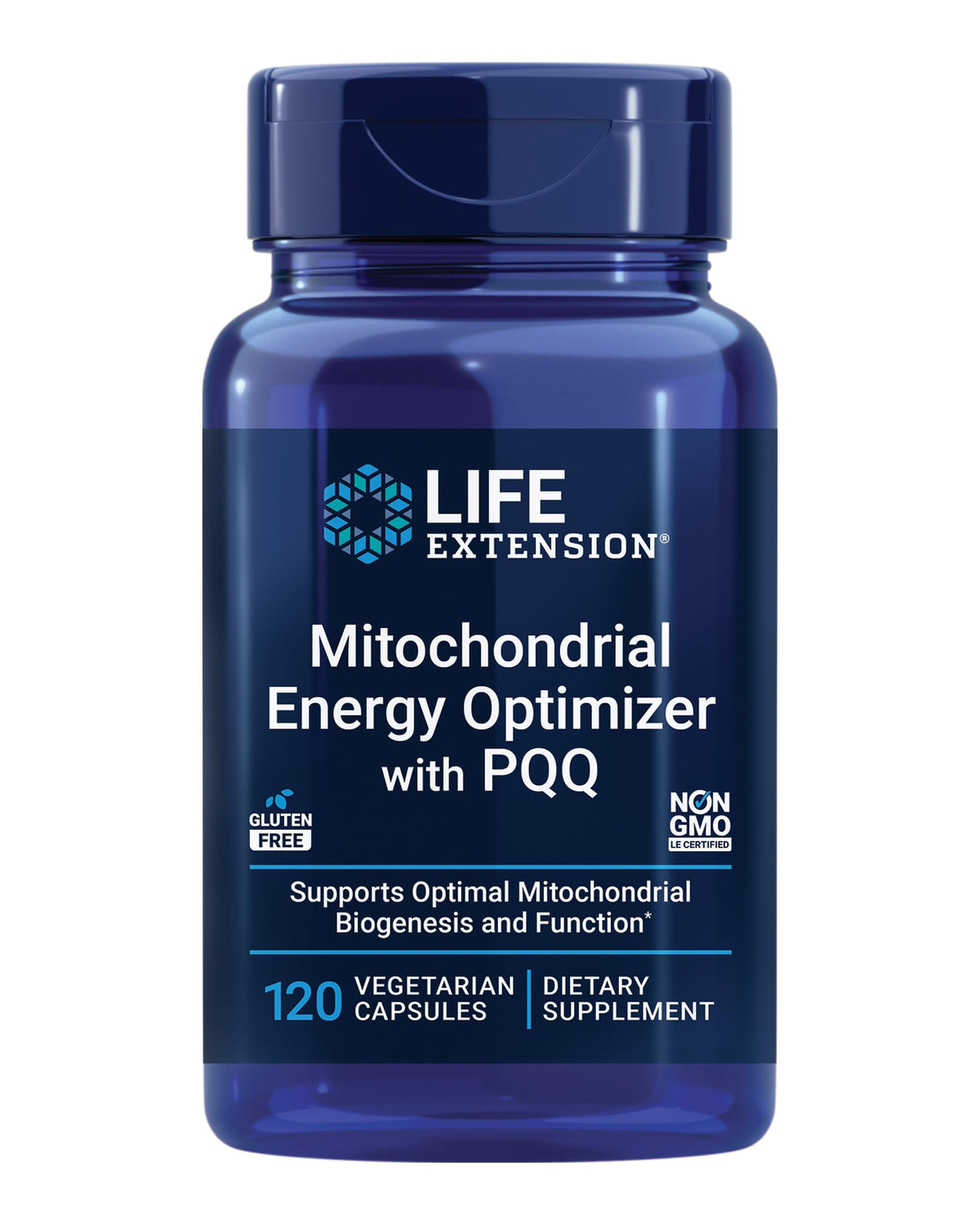 Life Extension Mitochondrial Energy Optimizer bottle with PQQ supports cellular energy potential.