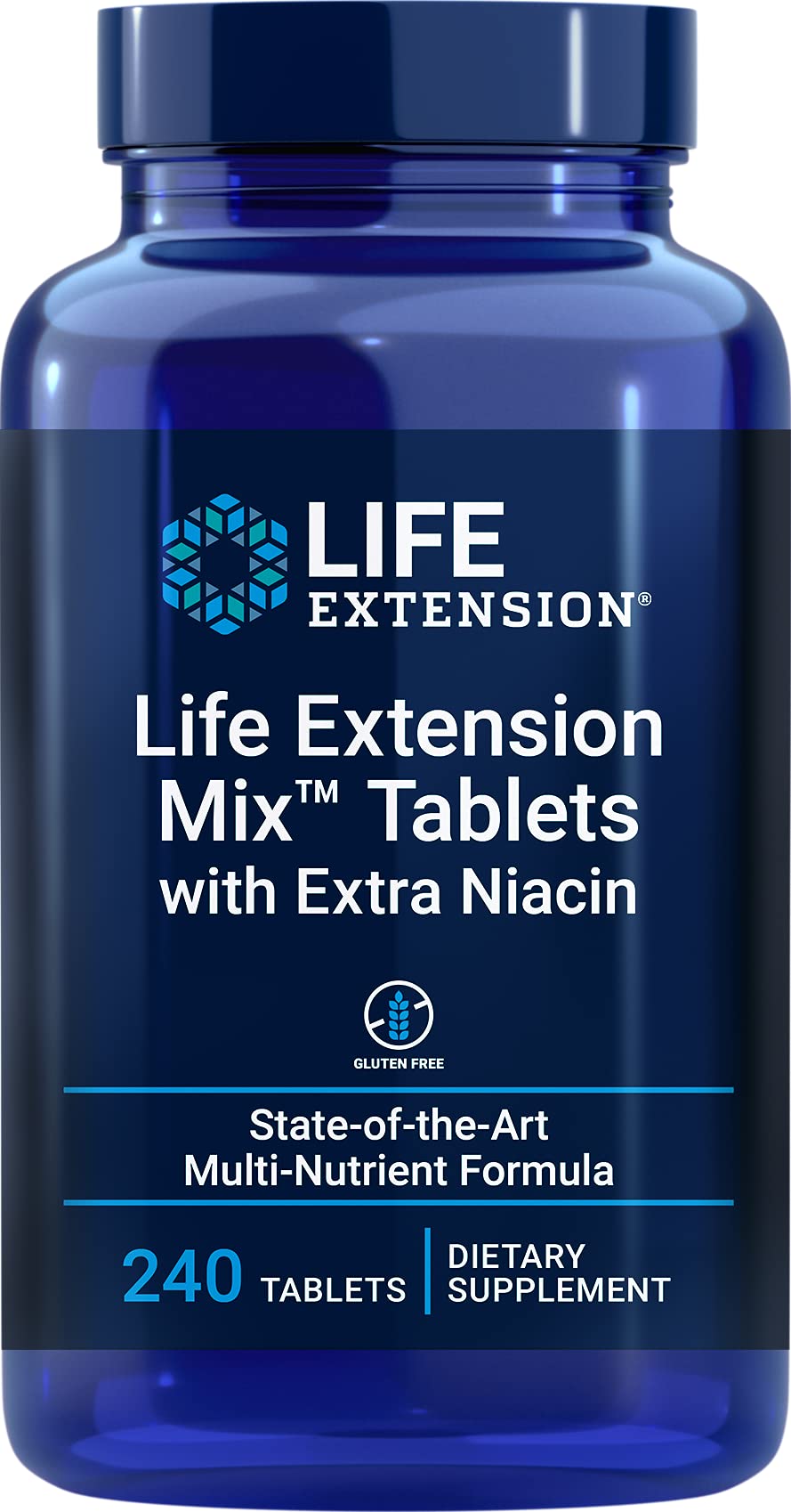 Life Extension Mix tablets bottle with extra niacin for cellular energy support.