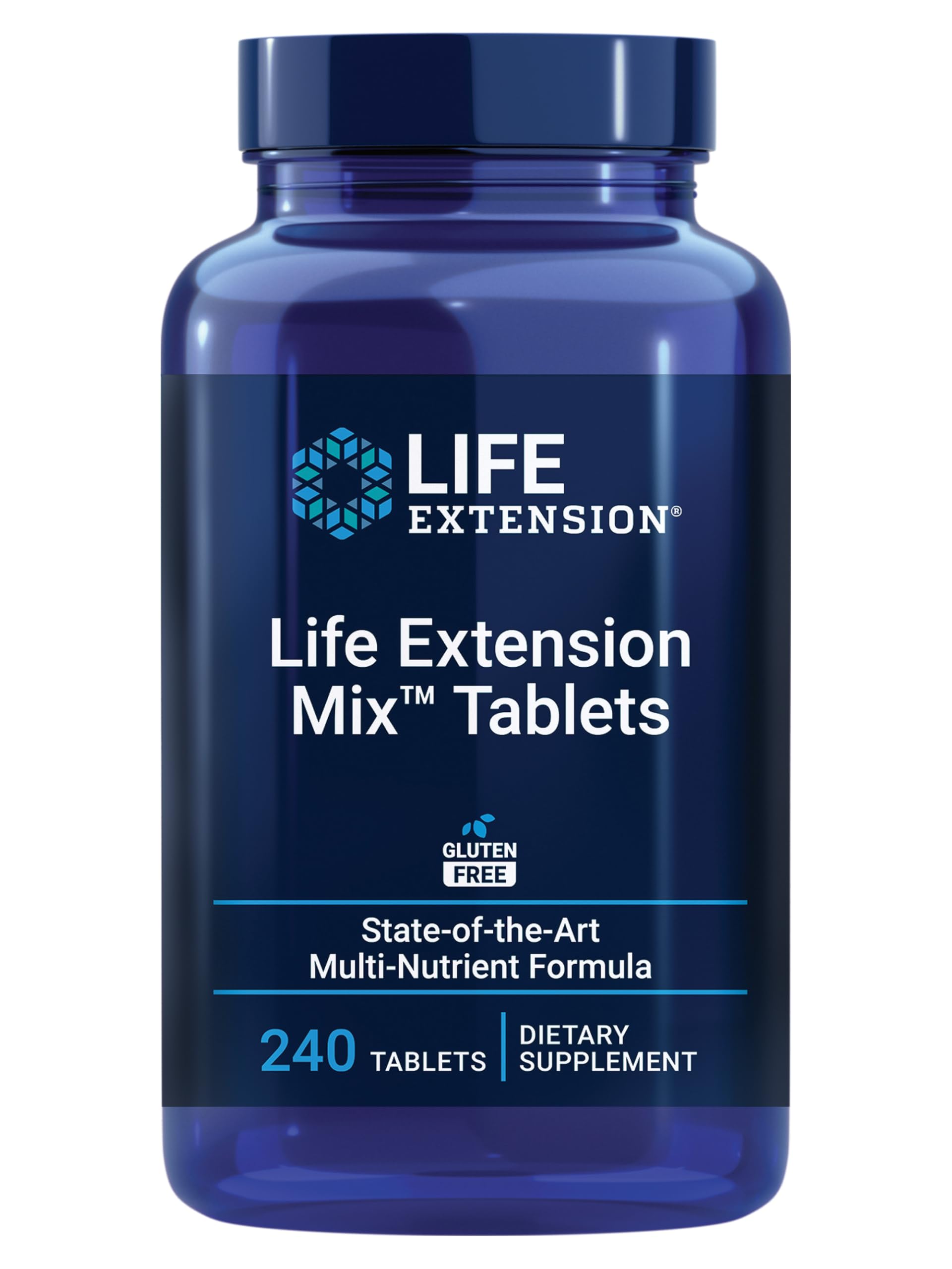 Life Extension Mix tablets bottle closeup highlighting a comprehensive daily supplement for overall health