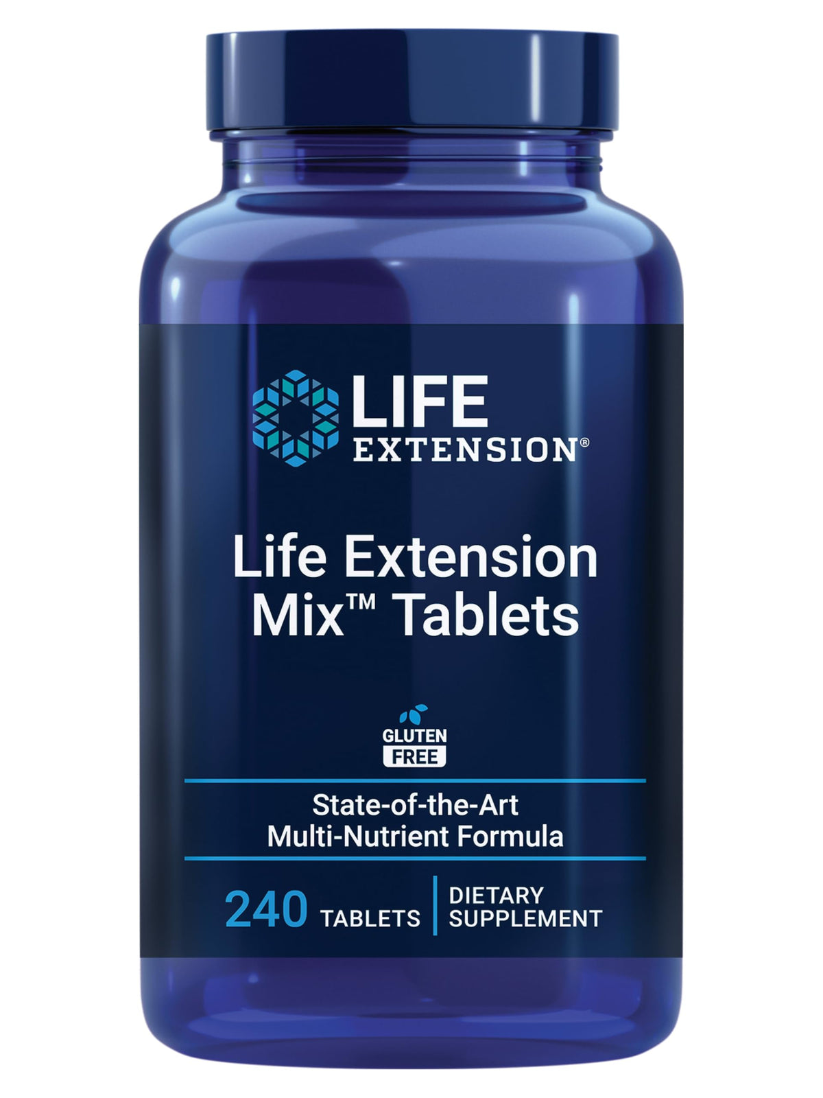 Life Extension Mix tablets bottle closeup highlighting a comprehensive daily supplement for overall health