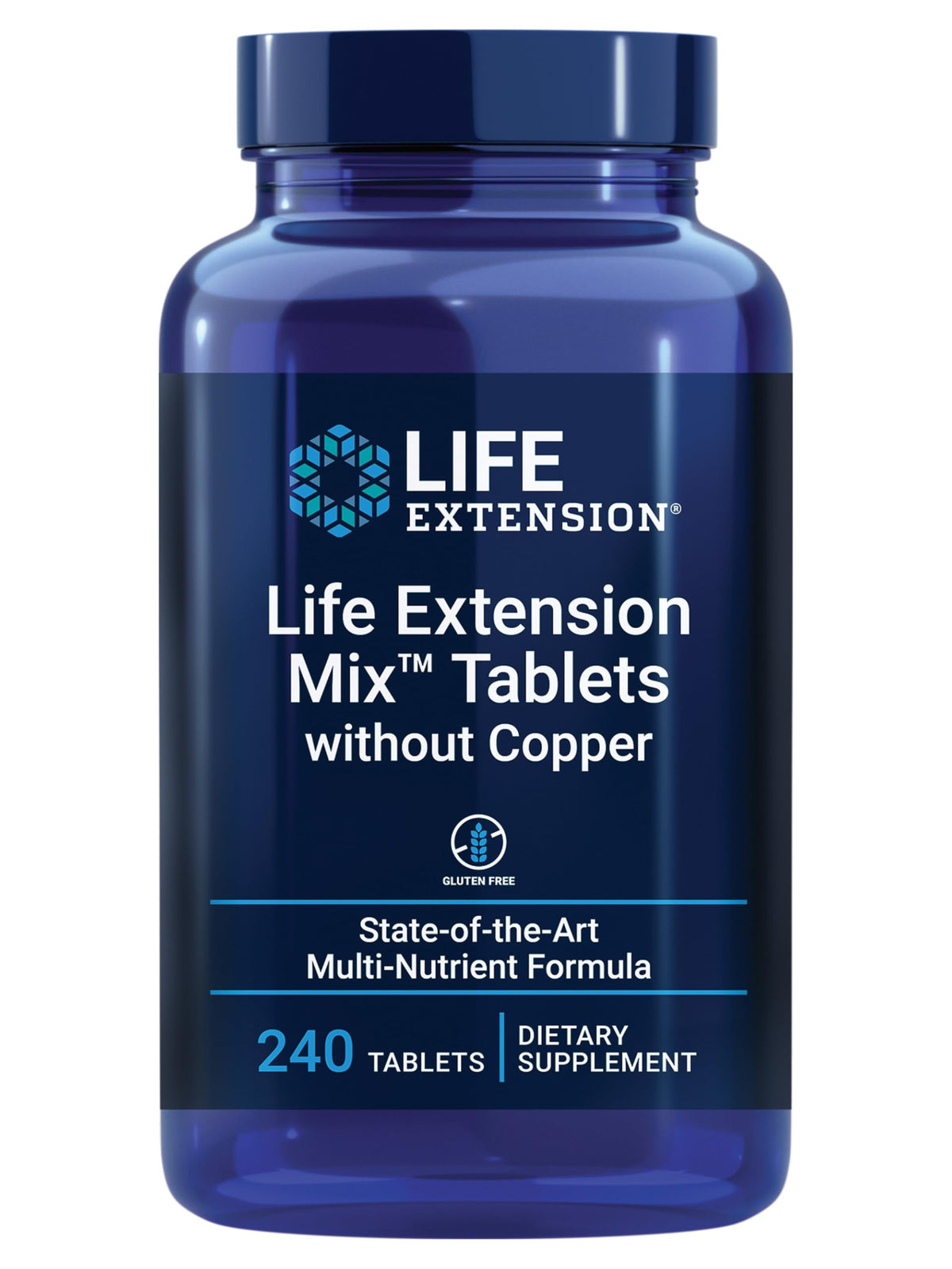 Life Extension Mix tablets in bottle closeup highlighting copper-free formula for daily wellness