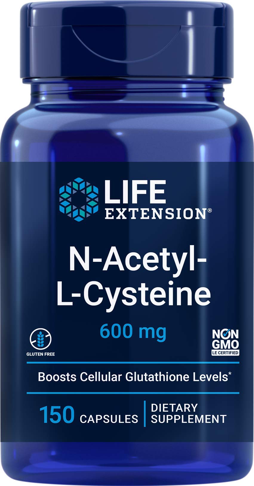 Life Extension NAC 600mg bottle with capsules for immune support and antioxidant protection.