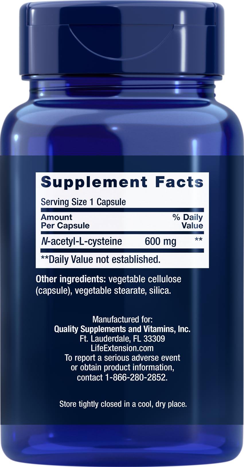Life Extension NAC capsules close-up showing texture and easy-to-swallow form.