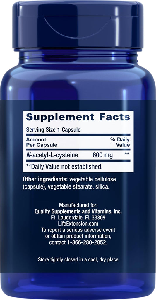 Life Extension NAC capsules close-up showing texture and easy-to-swallow form.