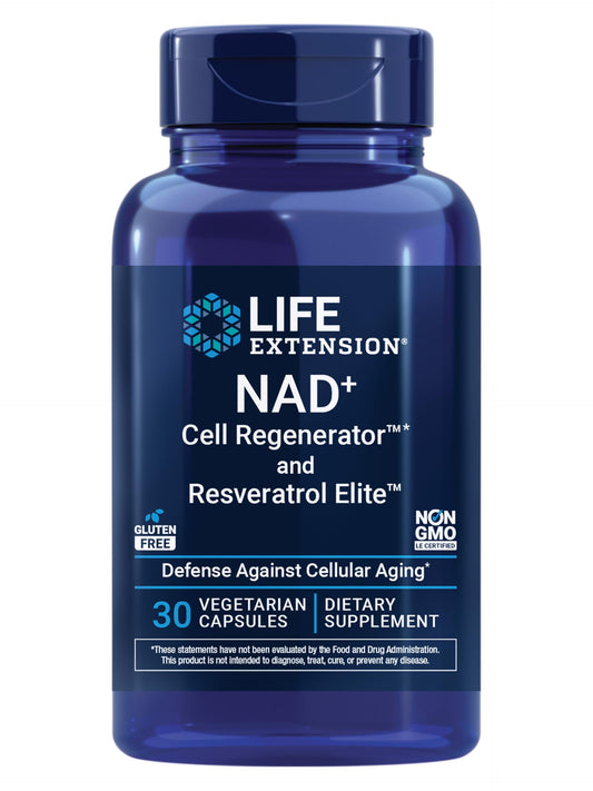 Life Extension NAD+ Cell Regenerator bottle with capsules promoting daily energy support.