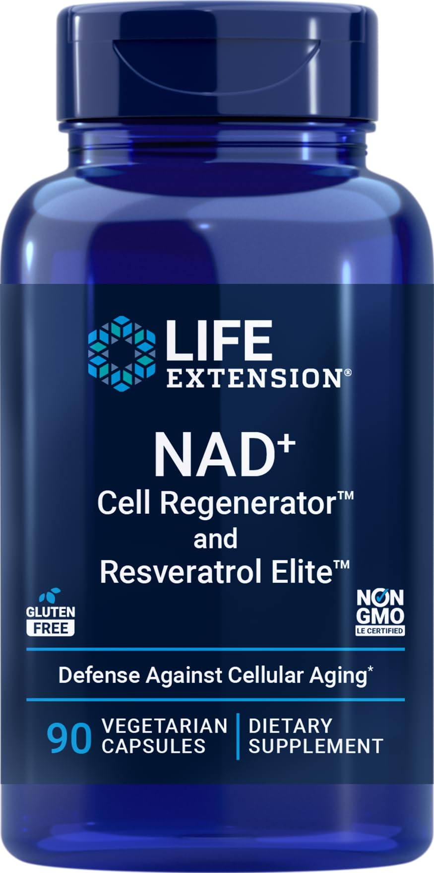Life Extension NAD+ Cell Regenerator bottle shows the formula for daily wellness support.