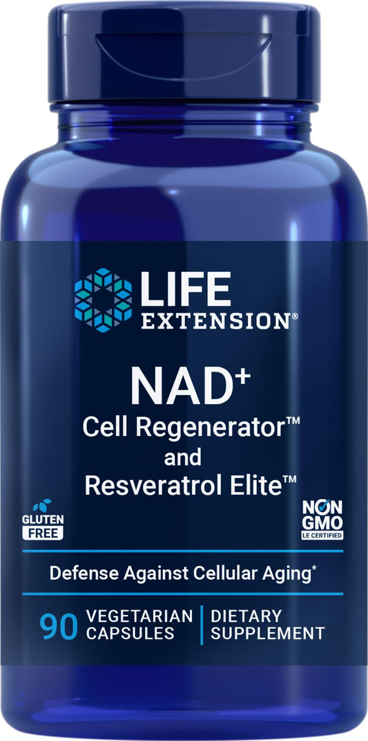 Life Extension NAD+ Cell Regenerator bottle shows the formula for daily wellness support.
