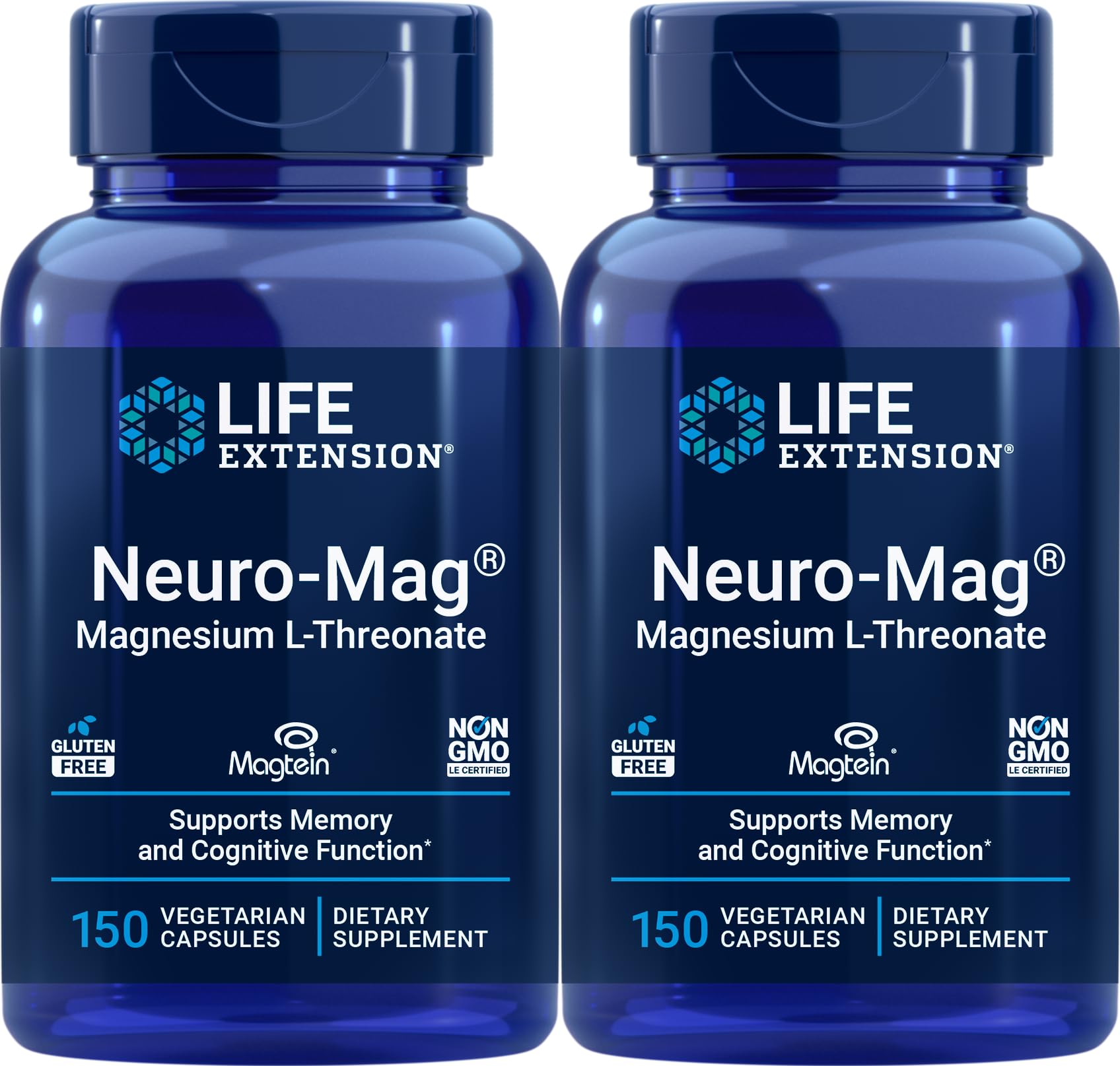 Life Extension Neuro-Mag 150 capsules bottle close-up for easy daily magnesium support.