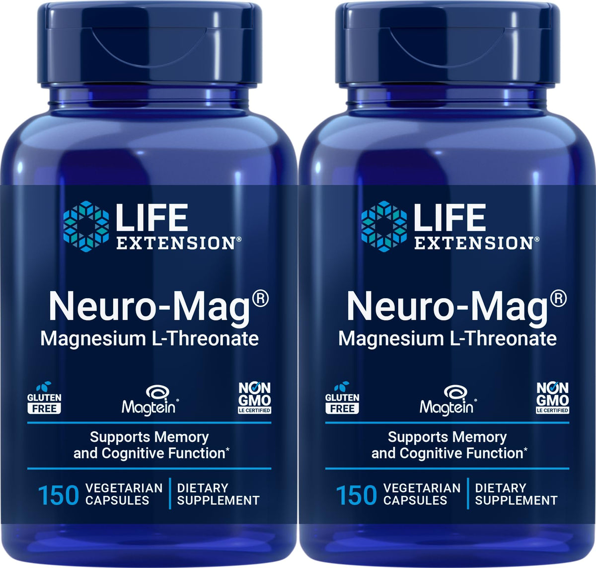 Life Extension Neuro-Mag 150 capsules bottle close-up for easy daily magnesium support.