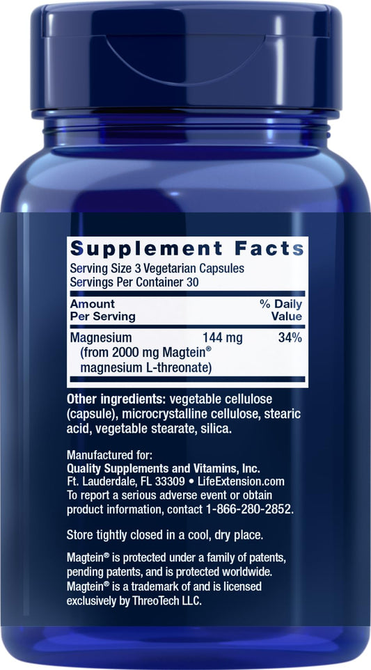 Close-up of Life Extension Neuro-mag capsules showcasing high absorption magnesium