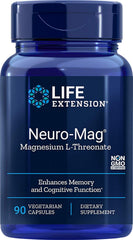 Life Extension Neuro-mag bottle closeup highlighting the label and cognitive support potential.