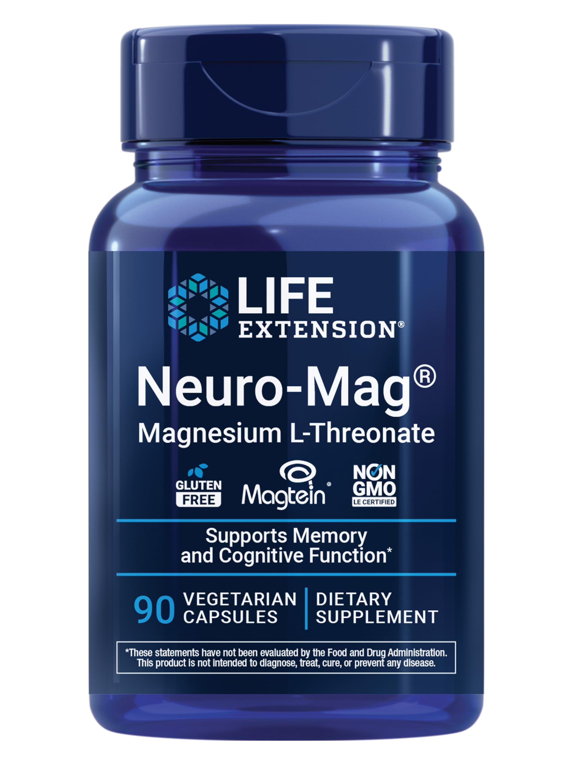 Life Extension Neuro-Mag bottle front promotes brain health support and easy capsule intake.
