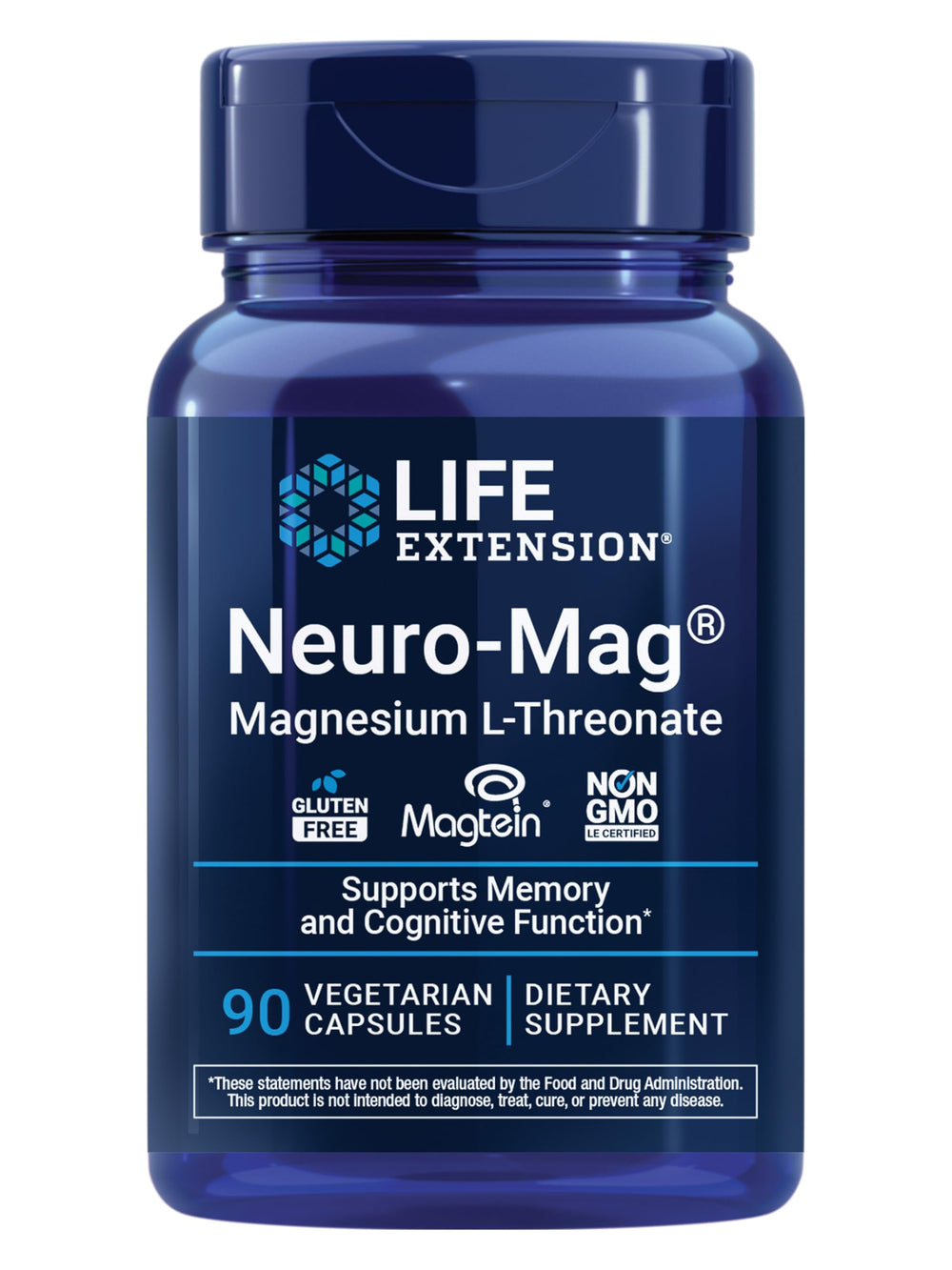 Life Extension Neuro-Mag bottle front promotes brain health support and easy capsule intake.