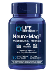 Life Extension Neuro-Mag bottle front promotes brain health support and easy capsule intake.
