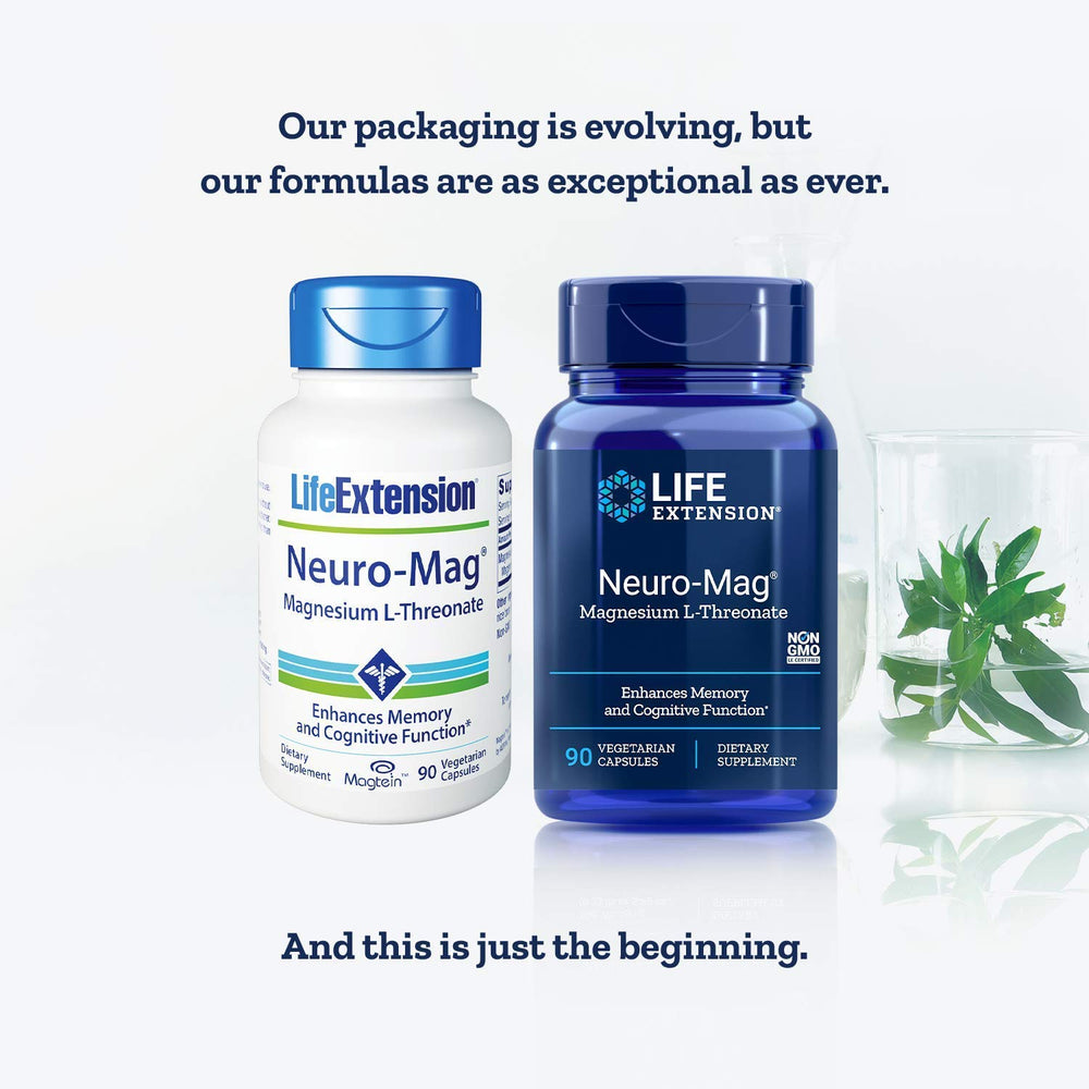Life Extension Neuro-mag capsules on a neutral backdrop for daily memory support.