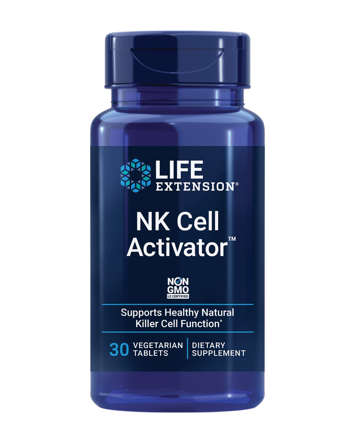 Life Extension NK Cell Activator bottle label highlights proprietary rice bran formula for immune support