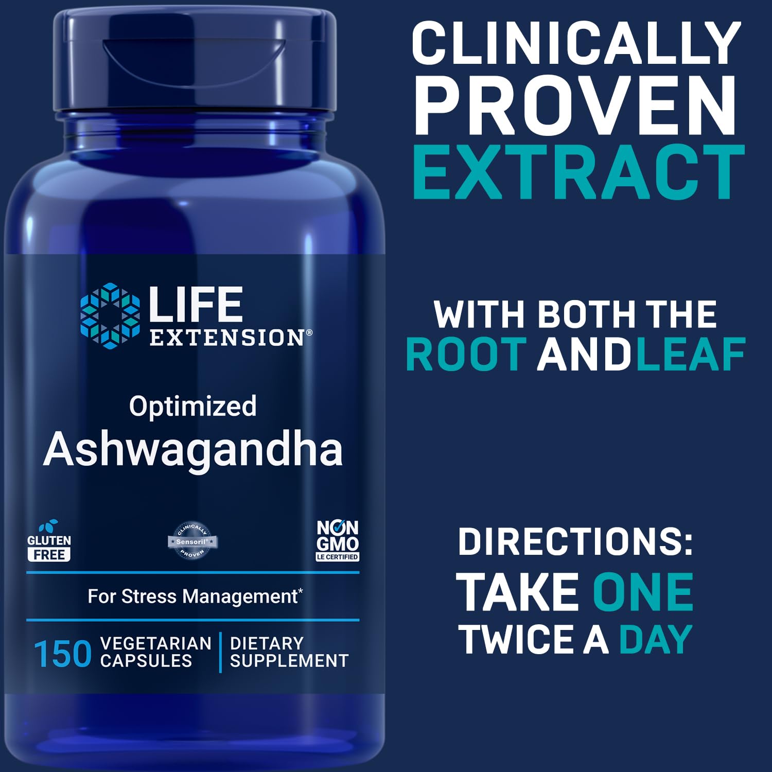 Life Extension Optimized Ashwagandha label close-up highlighting Sensoril root and leaf extract