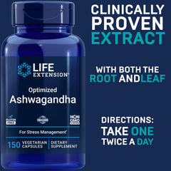 Life Extension Optimized Ashwagandha label close-up highlighting Sensoril root and leaf extract