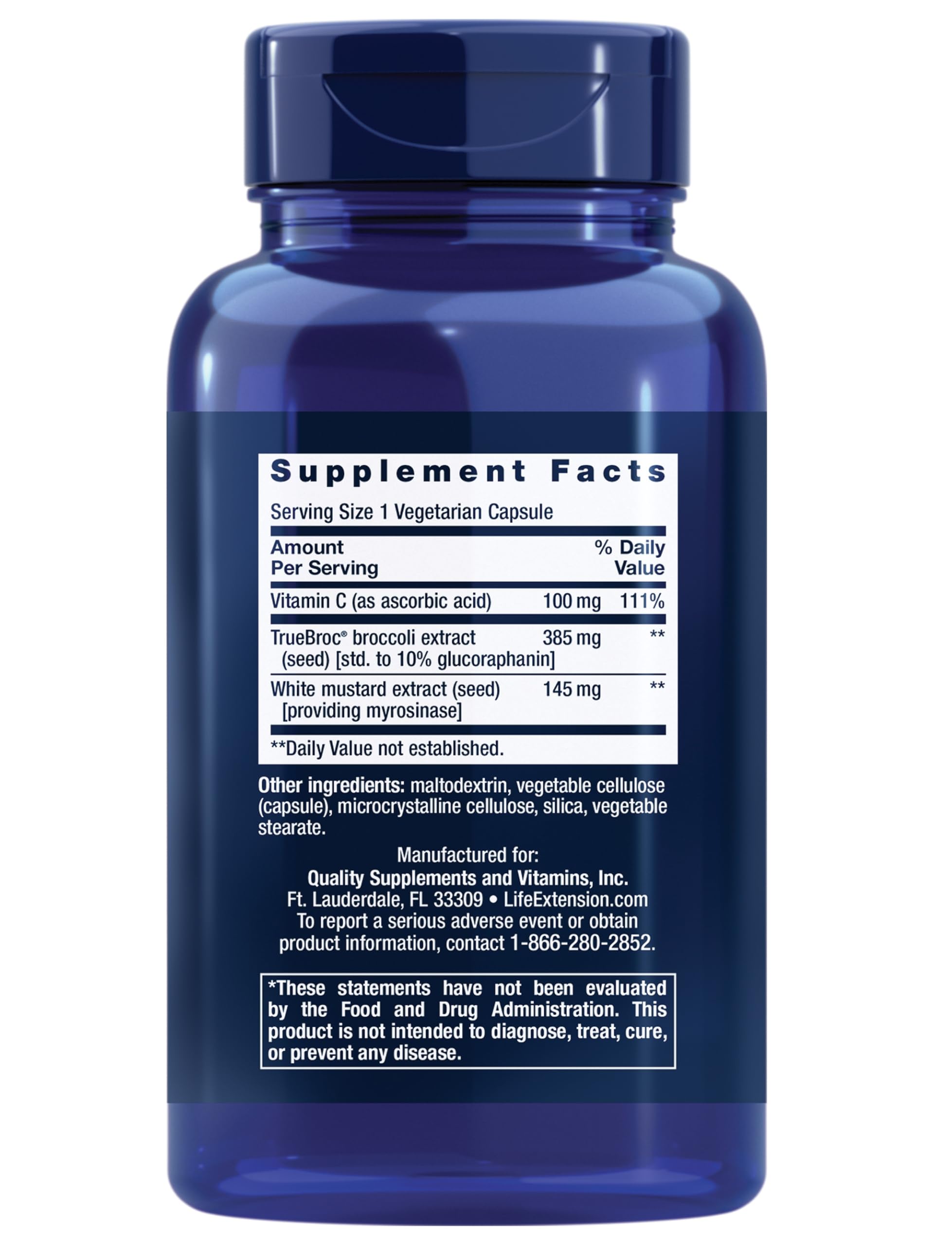 Life Extension Optimized Broccoli bottle back – non-GMO, gluten-free for safe daily use.