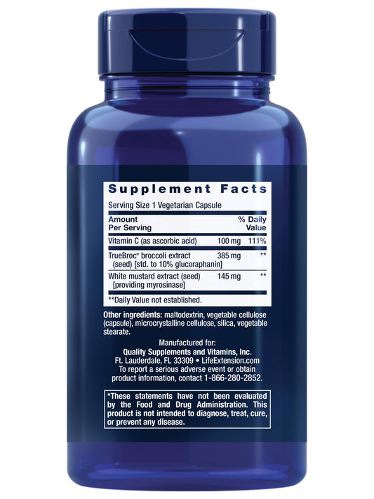 Life Extension Optimized Broccoli bottle back – non-GMO, gluten-free for safe daily use.