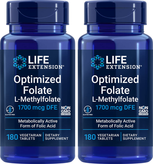 Life Extension Optimized Folate bottle front view with bioactive 5-MTHF for cognitive support