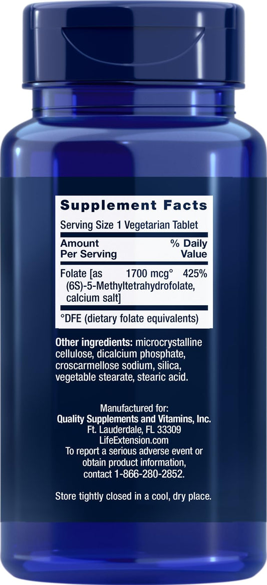Life Extension Optimized Folate tablets close-up, small vegetarian tablets for daily use