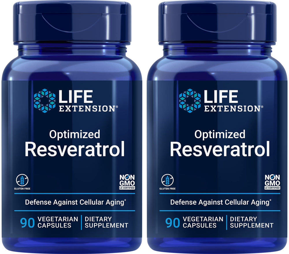 Life Extension Optimized Resveratrol bottle front view highlighting a longevity-supporting formula