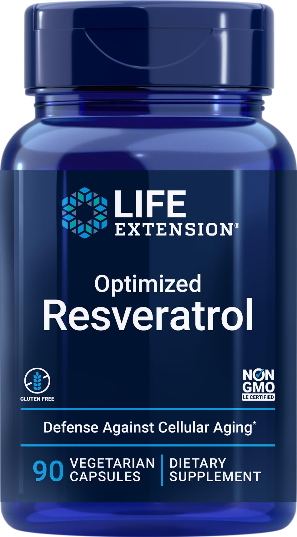 Life Extension Optimized Resveratrol bottle front view for daily wellness.