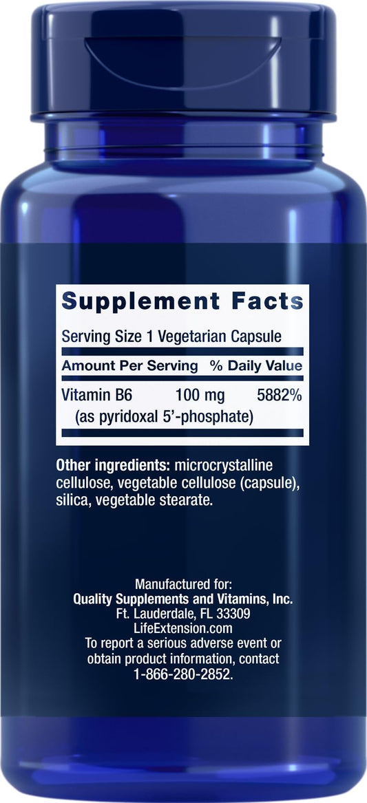 Life Extension P5P capsules closeup showing individual capsules for metabolism support