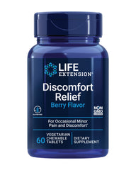Life Extension Pea Discomfort Relief berry chewable tablet in bottle for daily comfort support.