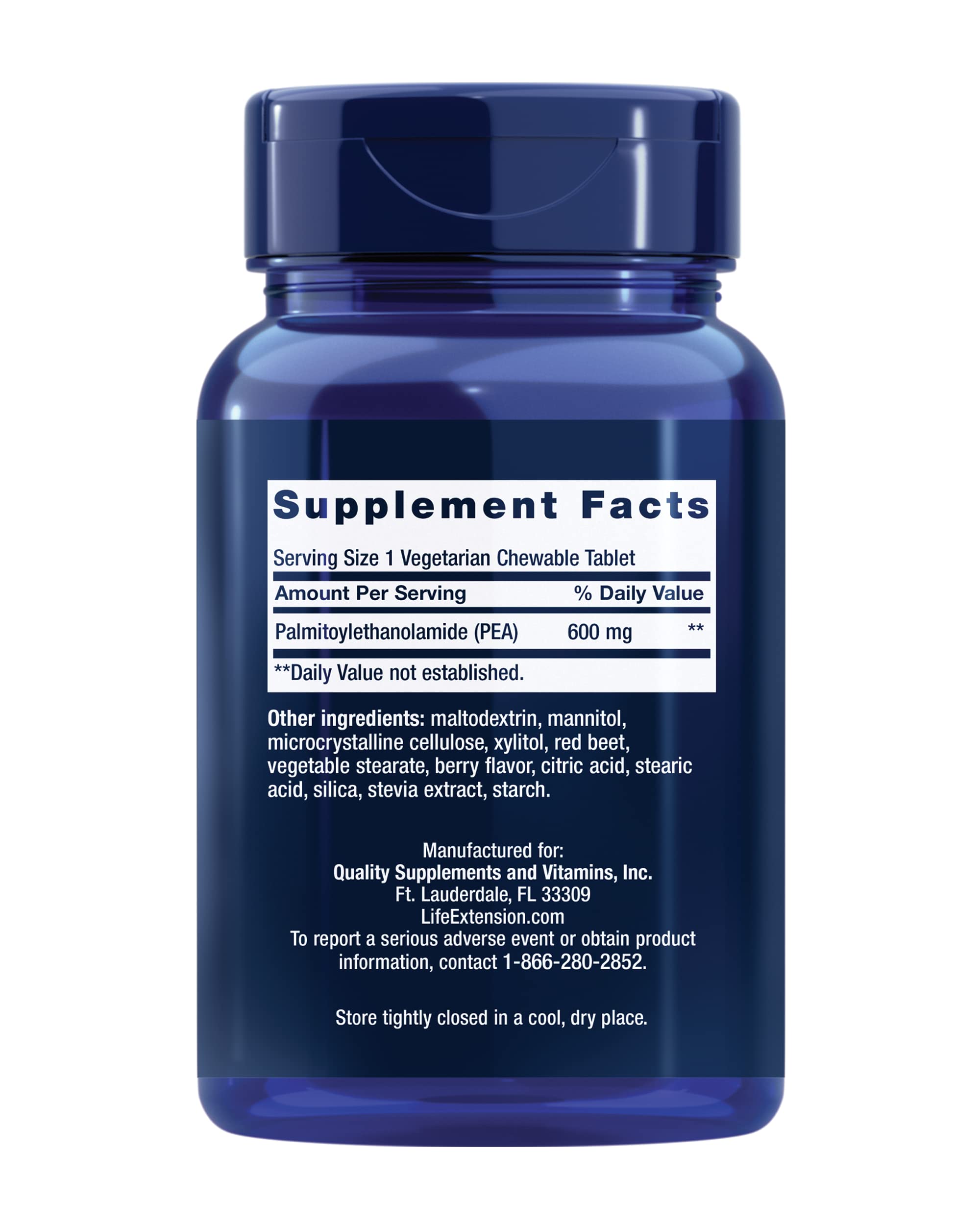 Life Extension Pea Discomfort Relief berry-flavored chewables provide convenient daily intake.