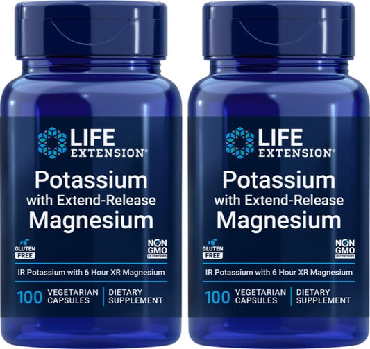 Life Extension Potassium with Extend-Release Magnesium bottle front shows label for daily mineral balance.