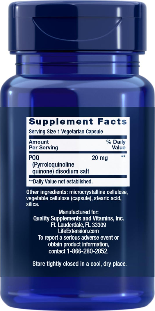 Life Extension PQQ vegetarian capsules close-up highlighting non-GMO gluten-free formula