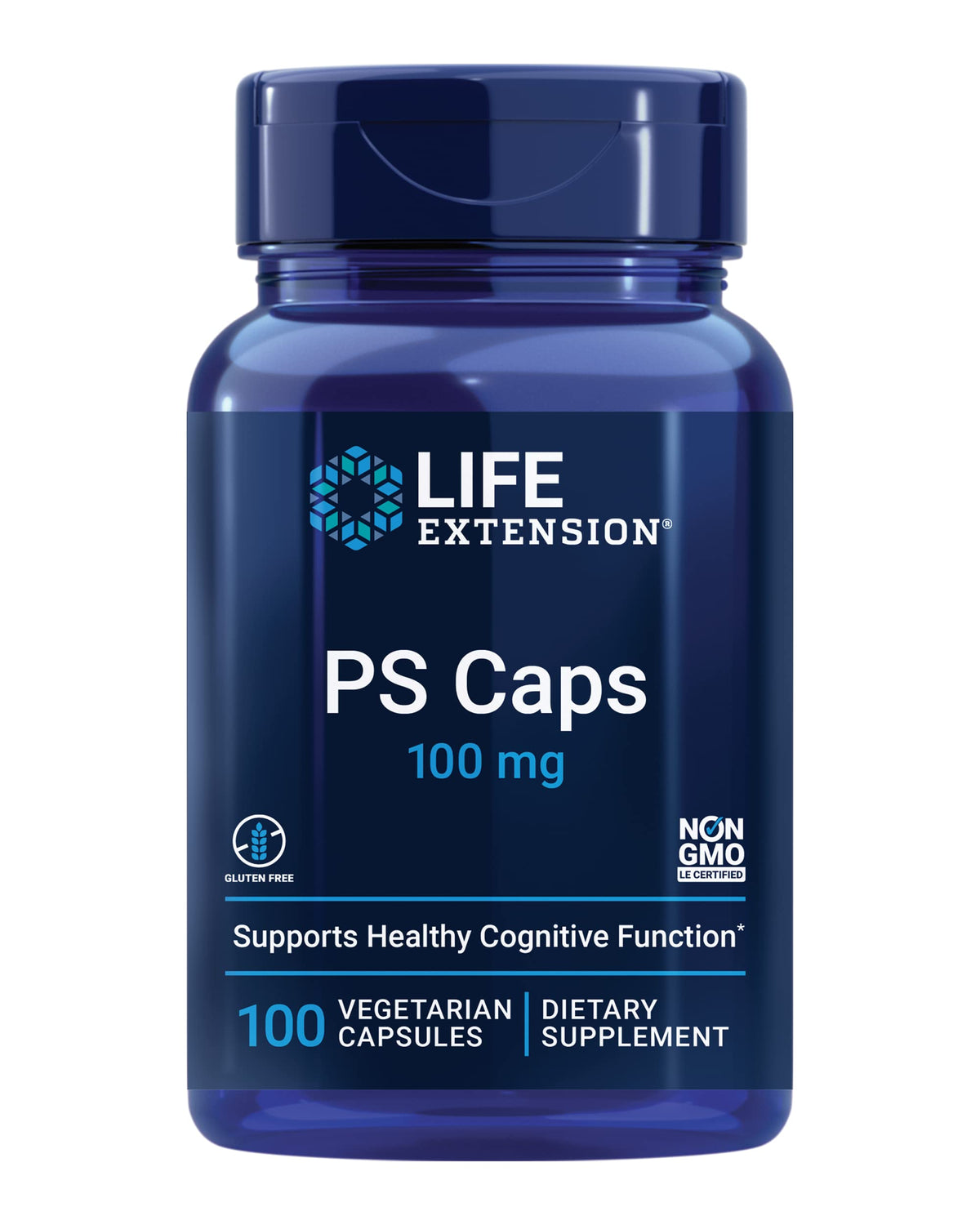 Life Extension PS Caps bottle with capsules for cognitive support.