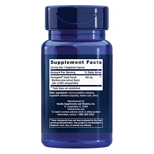 Life Extension Pycnogenol capsules close-up showing smooth coating.