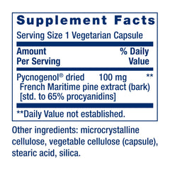 Life Extension Pycnogenol label front indicating key ingredients.