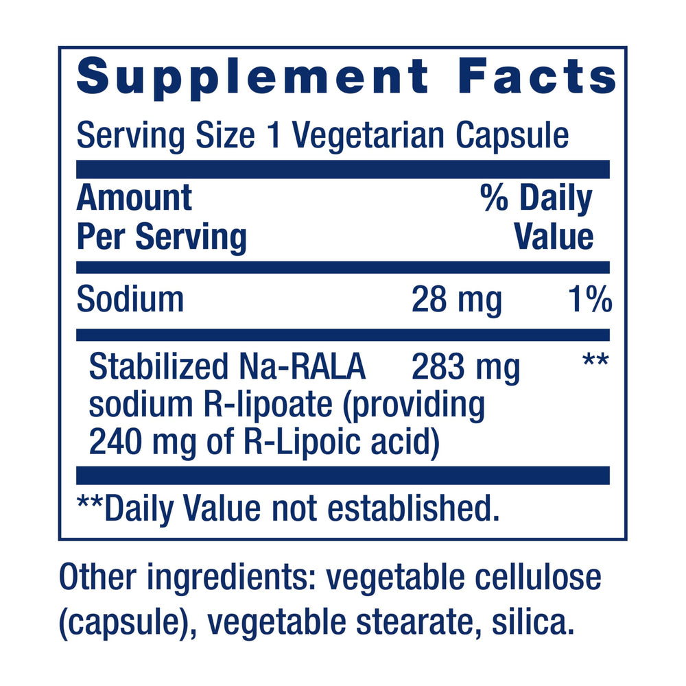 Life Extension R-Lipoic Acid active form 240 mg label emphasis.
