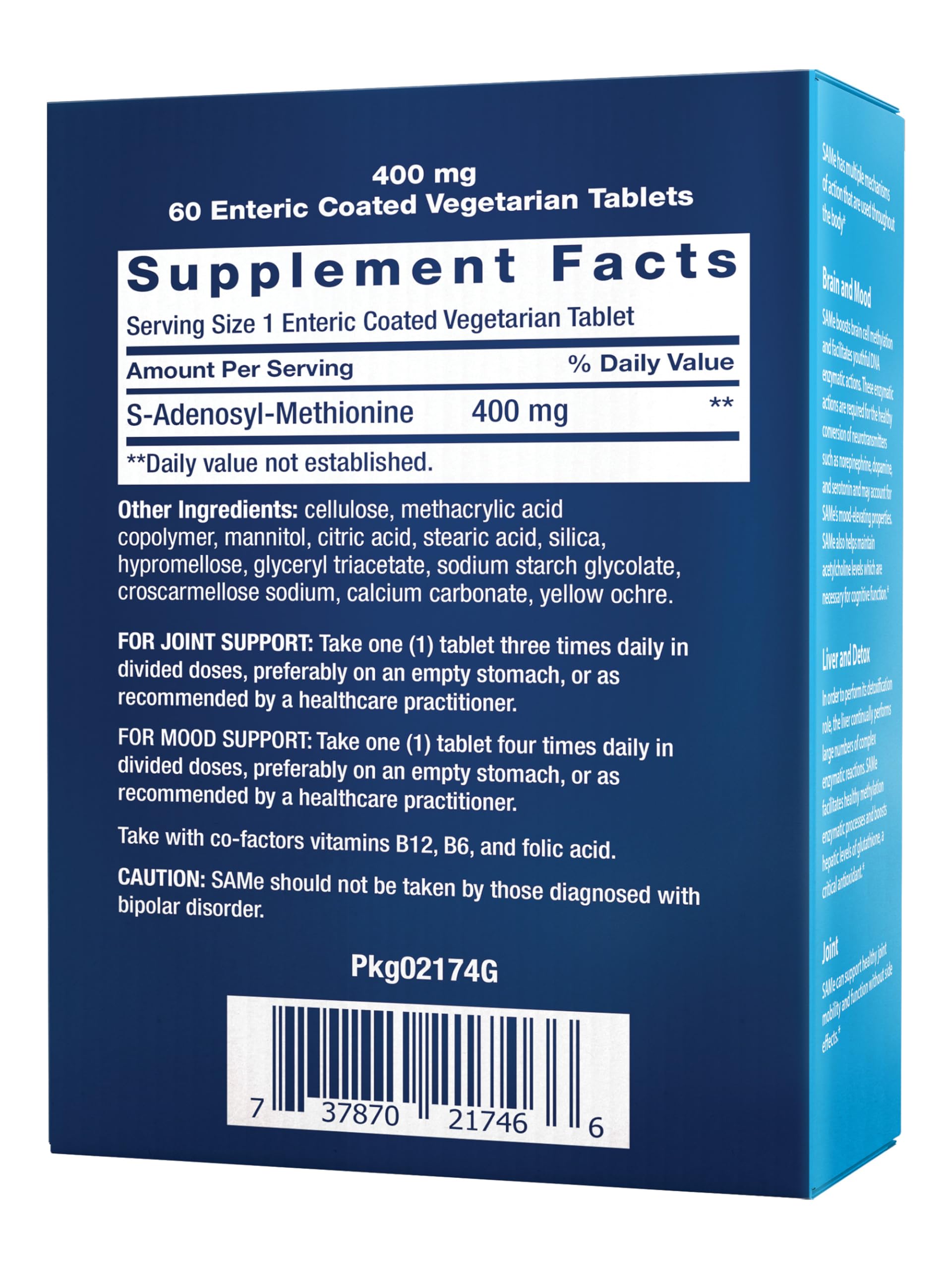 Life Extension SAMe bottle side view highlights non-GMO and vegetarian tablets.