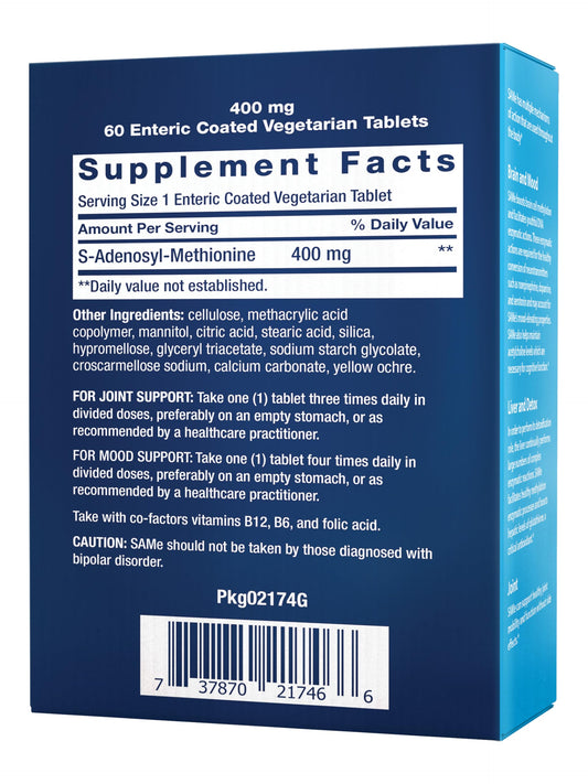 Life Extension SAMe bottle side view highlights non-GMO and vegetarian tablets.