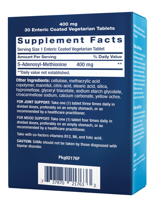 Life Extension SAMe tablet close-up with enteric coating for targeted release