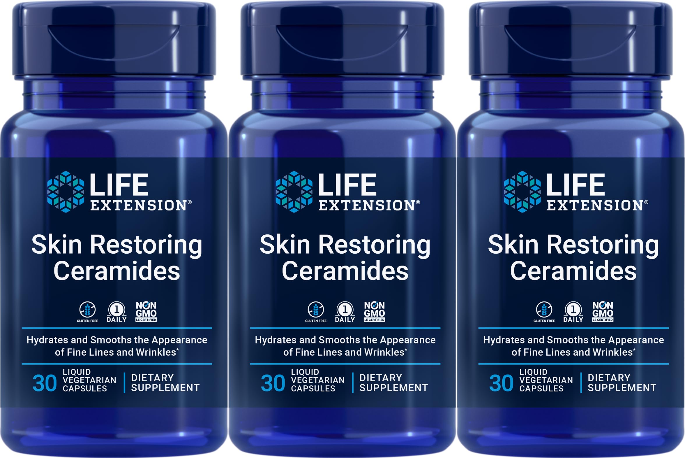 Life Extension Skin Restoring Ceramides bottle closeup highlighting hydration support.