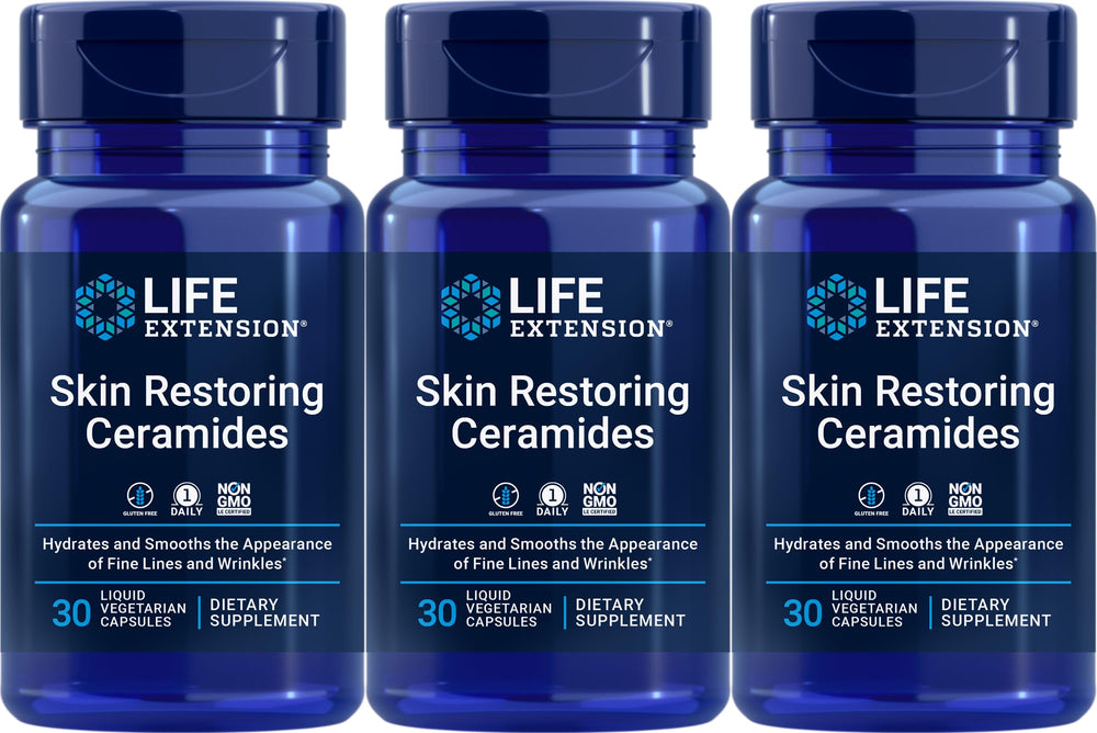 Life Extension Skin Restoring Ceramides bottle closeup highlighting hydration support.