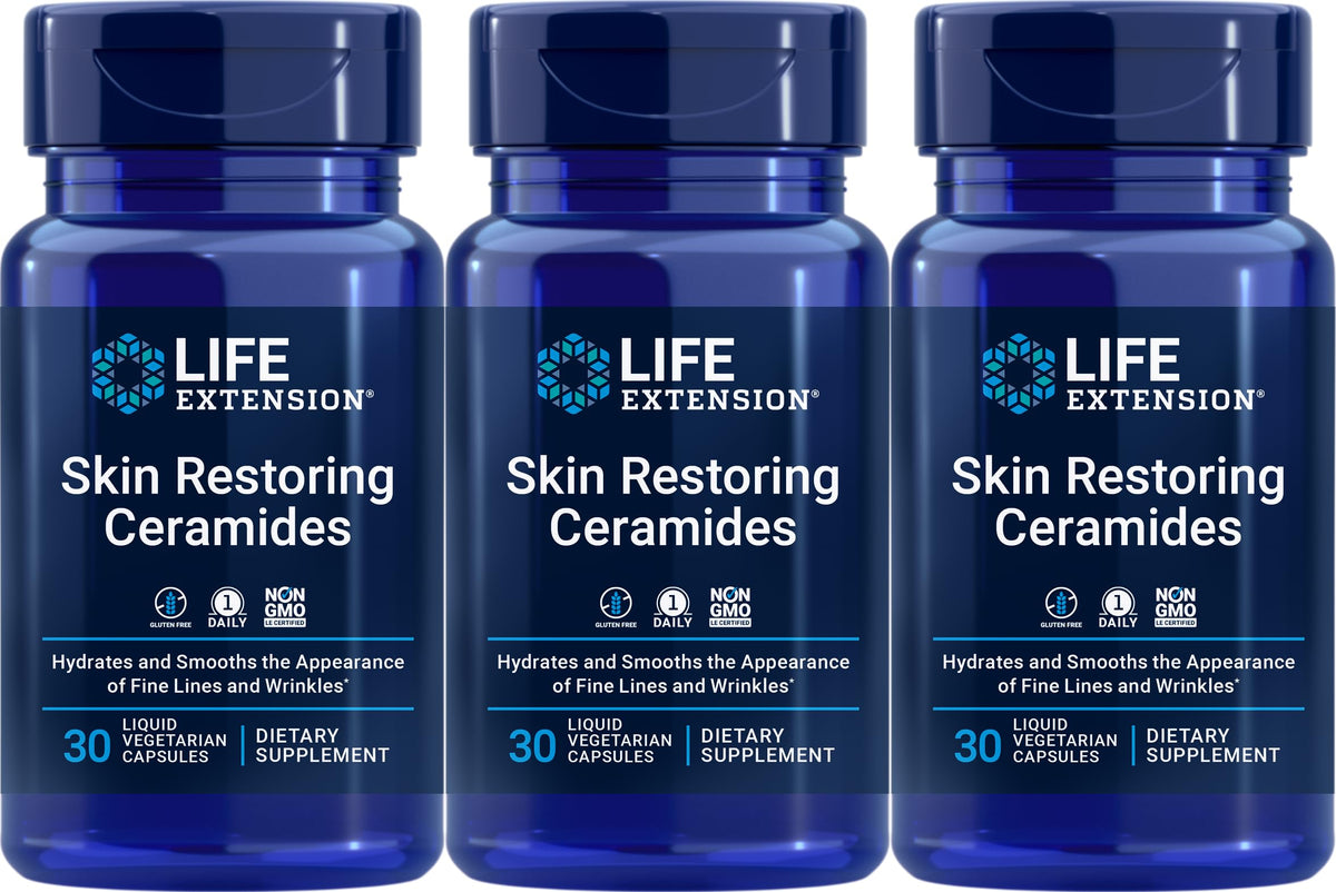 Life Extension Skin Restoring Ceramides bottle closeup highlighting hydration support.
