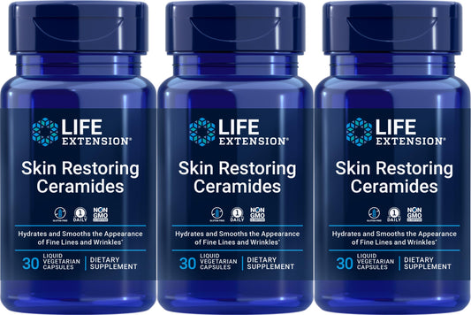 Life Extension Skin Restoring Ceramides bottle closeup highlighting hydration support.