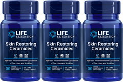 Life Extension Skin Restoring Ceramides bottle closeup highlighting hydration support.
